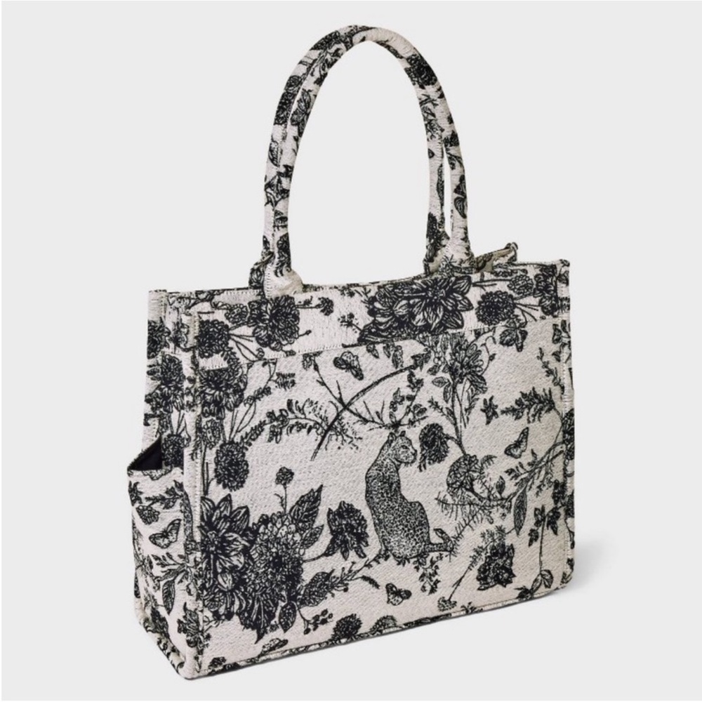 a new day Black & White Floral Print Canvas Tote